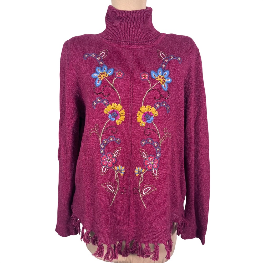 NWT Vtg Floral Embroidered Turtleneck Sweater‎ Fringe Hem Alfred Dunner L Beaded
